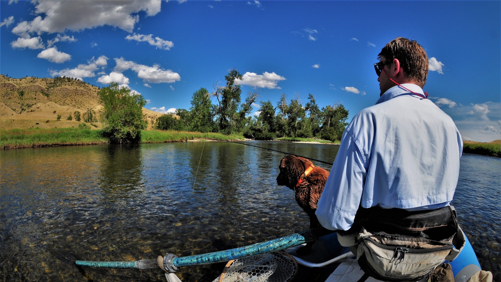 Man in a blue shirt with a dog on a raft with an oar sticking in the water a grassy hill in the distance with blue skies and puffy clouds